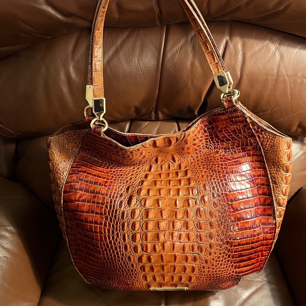 Brahmin Croc-Embossed Shoulder Bag in Rich Cognac and Amber